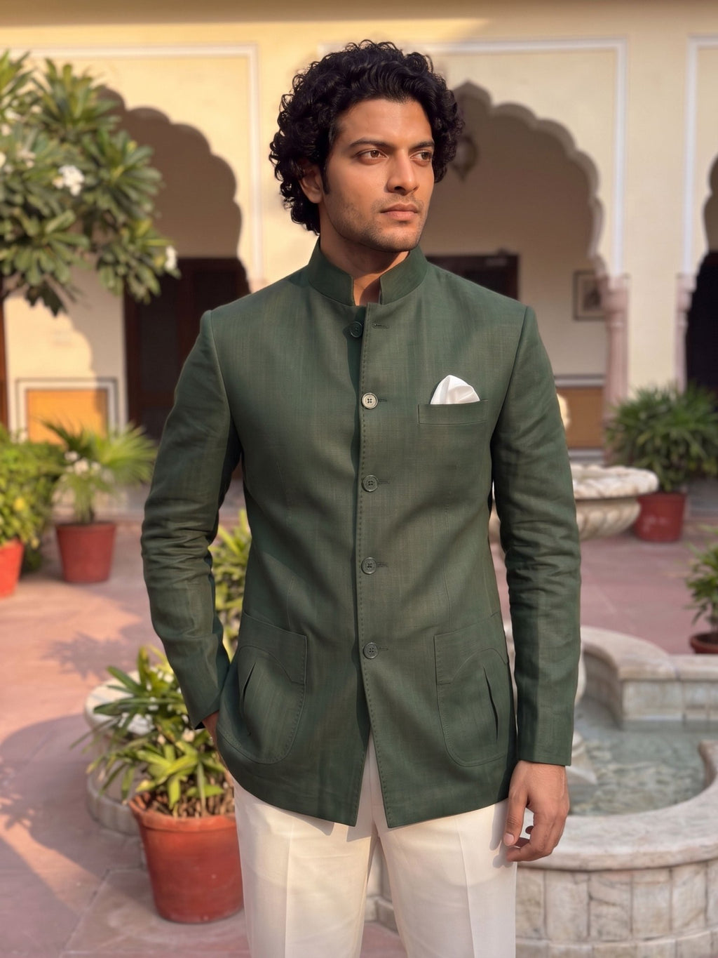 Green Premium Cotton Linen Jodhpuri Bandhgala - Jaipuri Crown