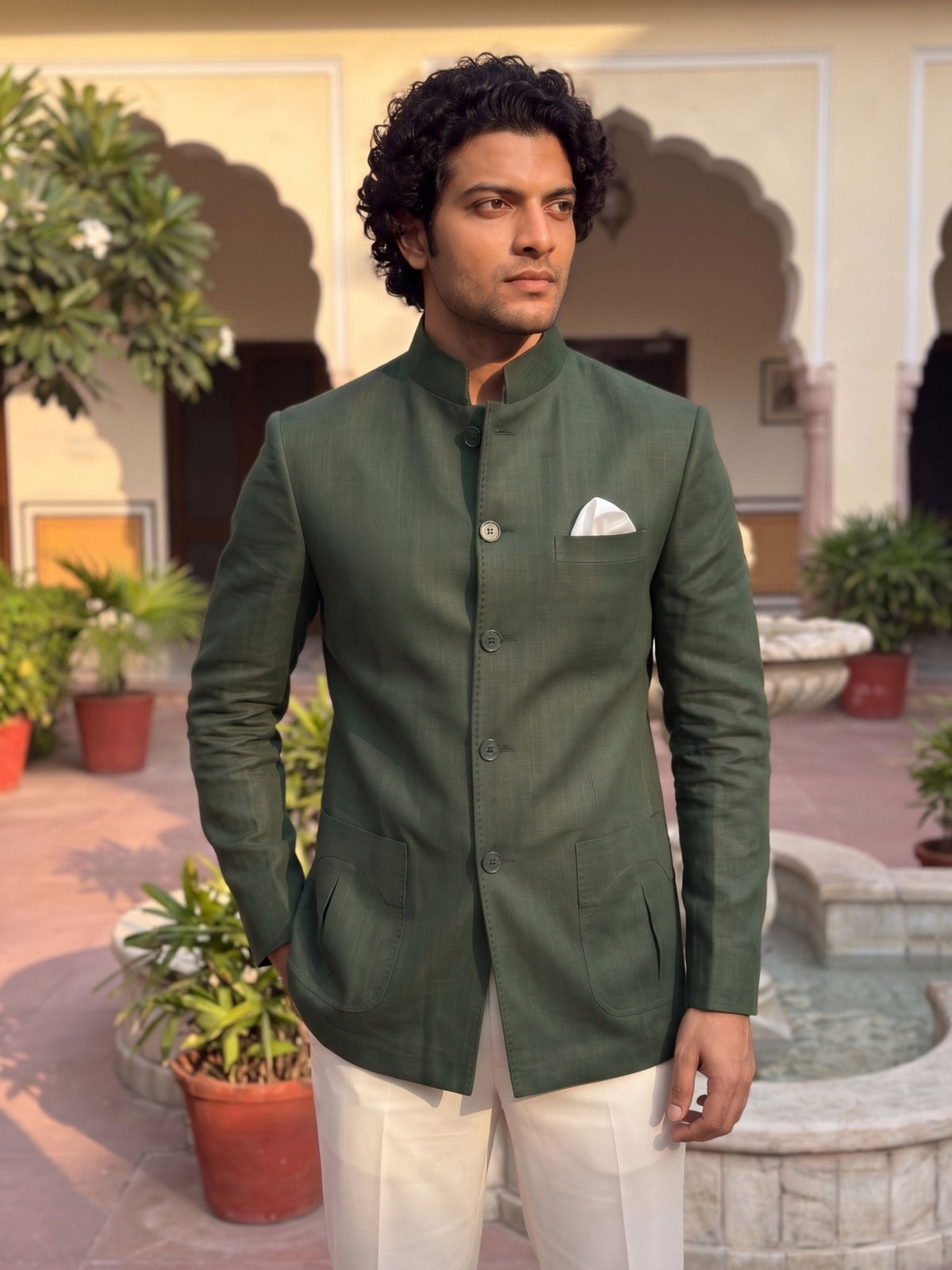 Green Premium Cotton Linen Jodhpuri Bandhgala - Jaipuri Crown