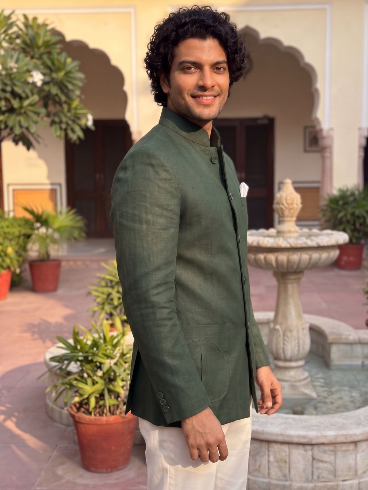 Green Premium Cotton Linen Jodhpuri Bandhgala - Jaipuri Crown