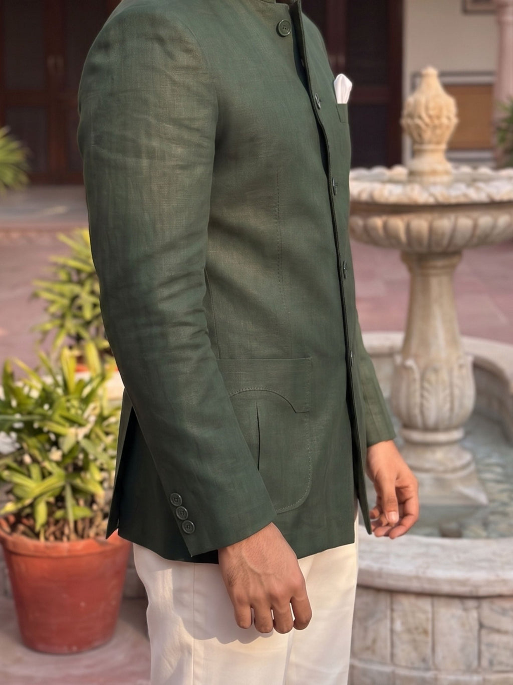 Green Premium Cotton Linen Jodhpuri Bandhgala - Jaipuri Crown