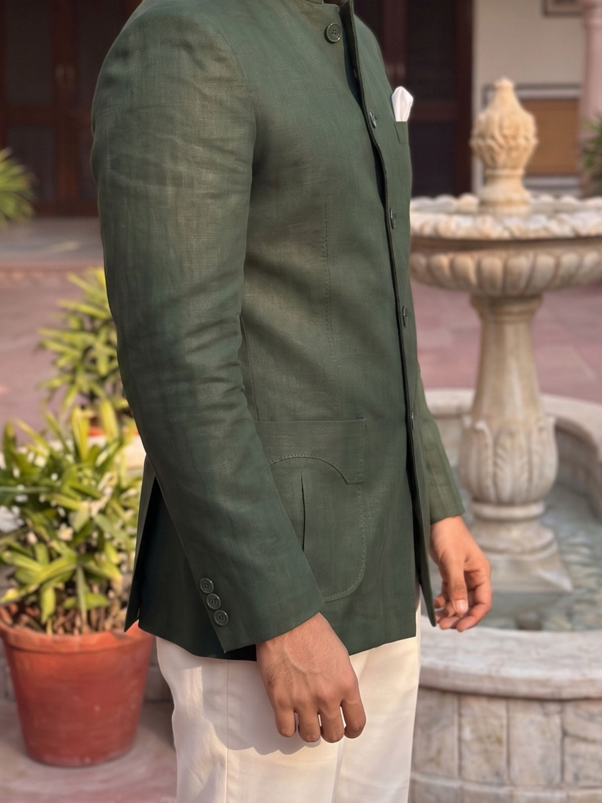 Green Premium Cotton Linen Jodhpuri Bandhgala - Jaipuri Crown