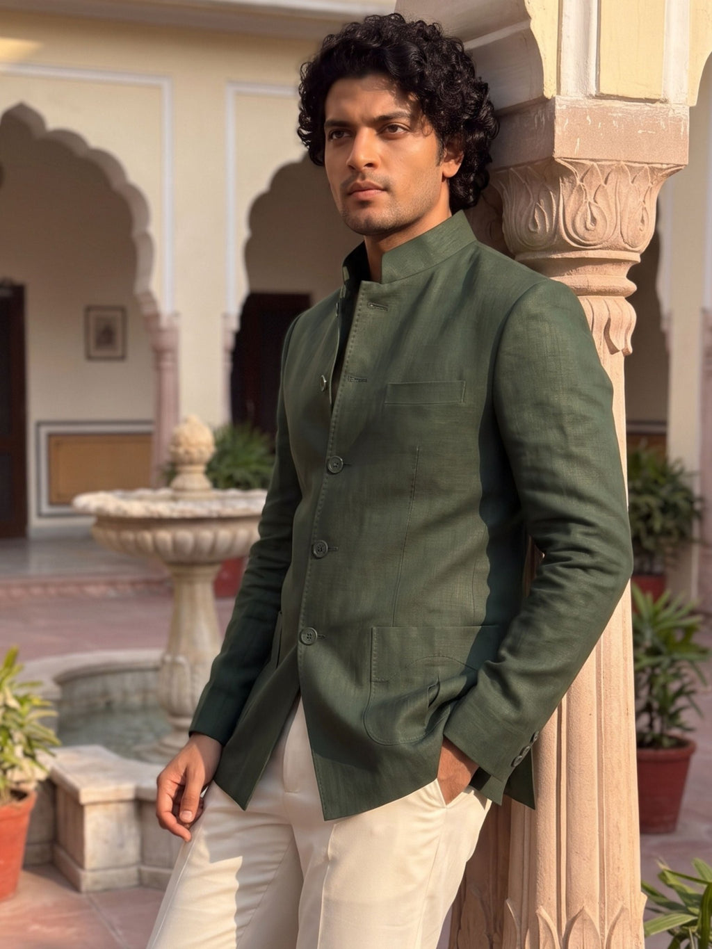 Green Premium Cotton Linen Jodhpuri Bandhgala - Jaipuri Crown