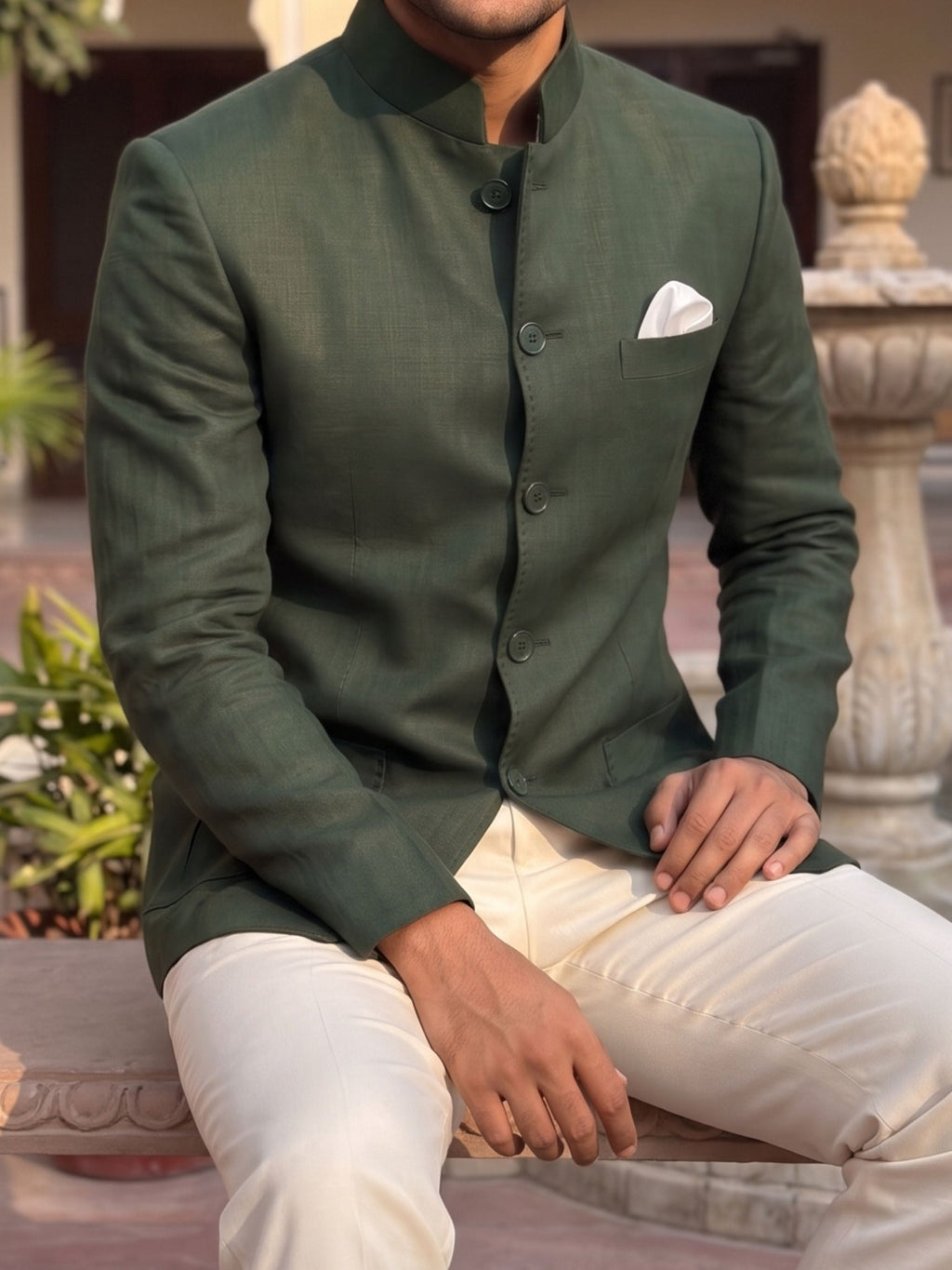 Green Premium Cotton Linen Jodhpuri Bandhgala - Jaipuri Crown