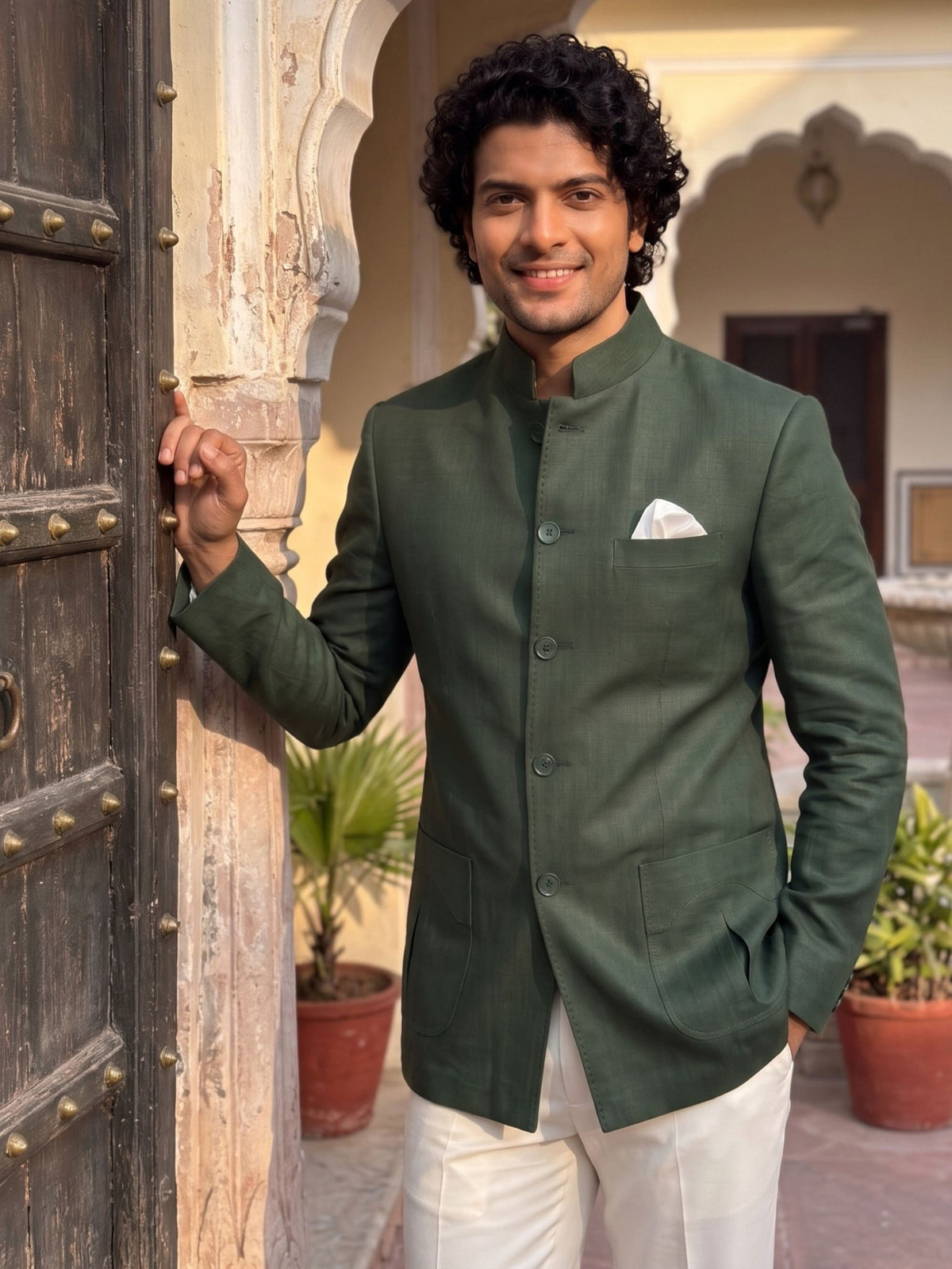 Green Premium Cotton Linen Jodhpuri Bandhgala - Jaipuri Crown