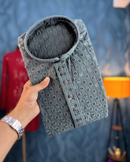 Grey Chikankari Sequinned Kurta Set - Jaipuri Crown