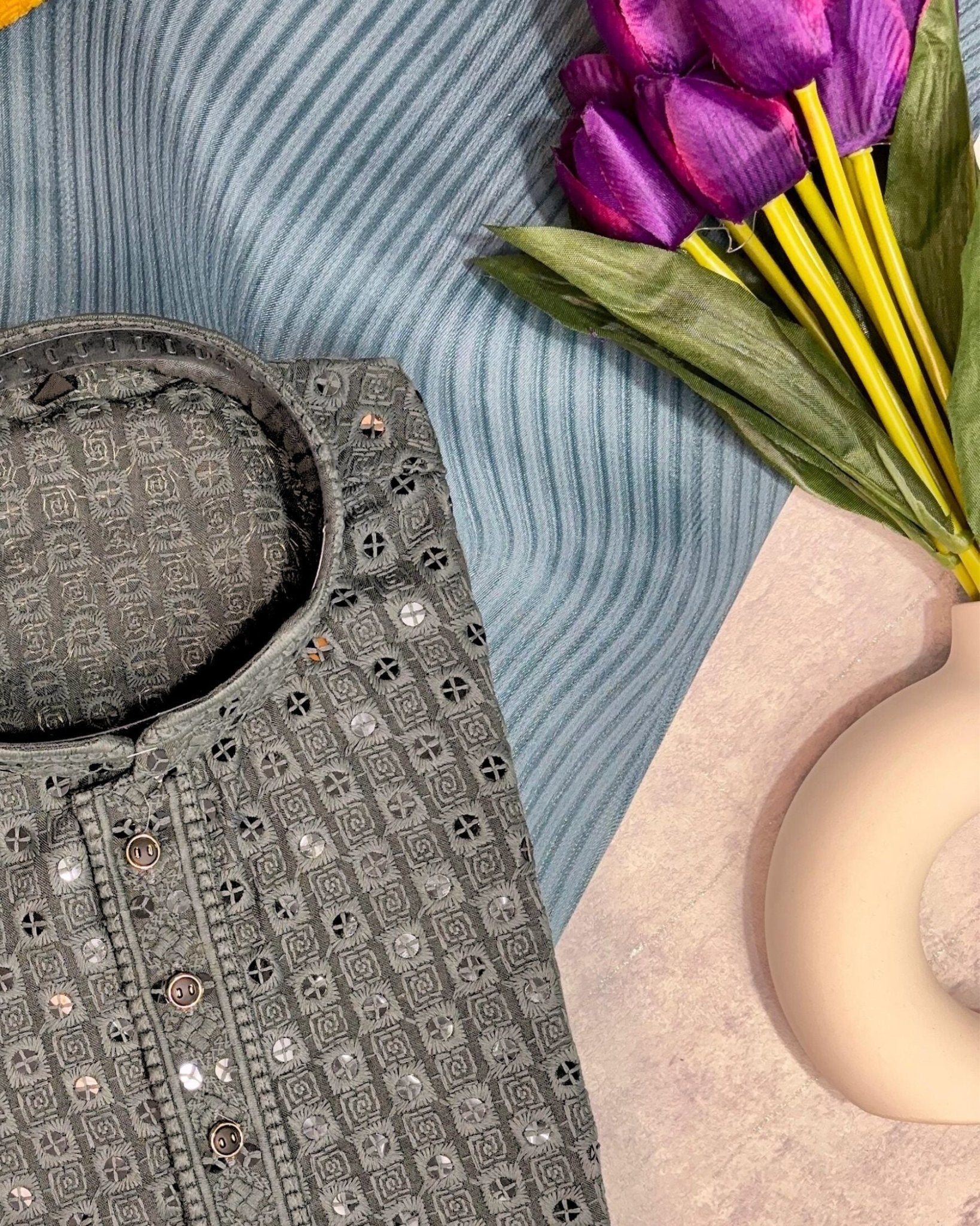 Grey Chikankari Sequinned Kurta Set - Jaipuri Crown