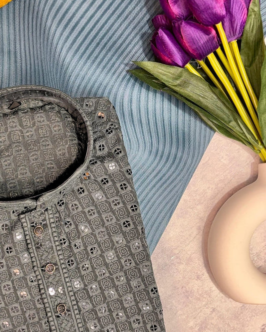 Grey Chikankari Sequinned Kurta Set - Jaipuri Crown