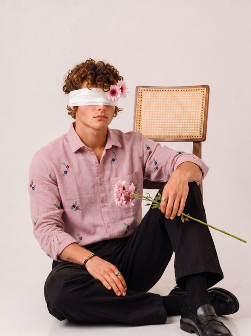 "Gulnaar" — Peach Pink Floral Embroidered Dobby Cotton Shirt | Jaipuri Crown - Jaipuri Crown