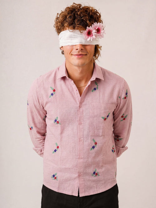 "Gulnaar" — Peach Pink Floral Embroidered Dobby Cotton Shirt | Jaipuri Crown - Jaipuri Crown