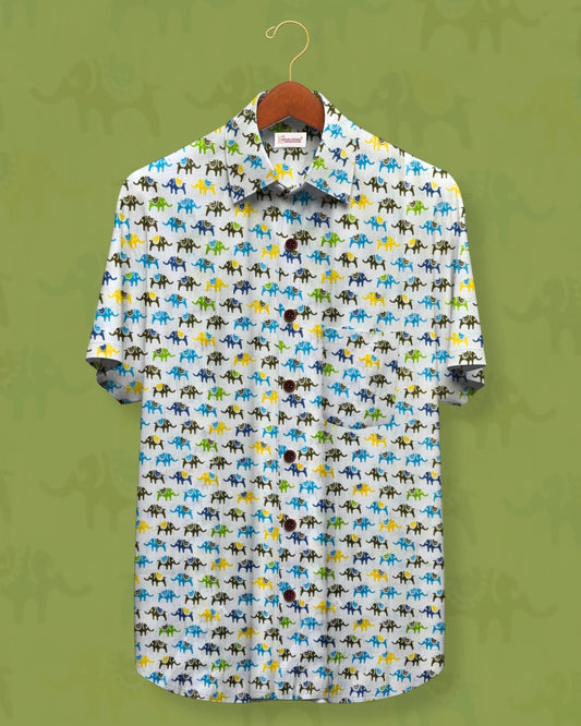 Haathi Parade – 100% Sanganeri Cotton Half Sleeve Shirt - Jaipuri Crown