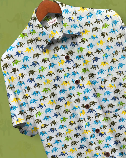 Haathi Parade – 100% Sanganeri Cotton Half Sleeve Shirt - Jaipuri Crown
