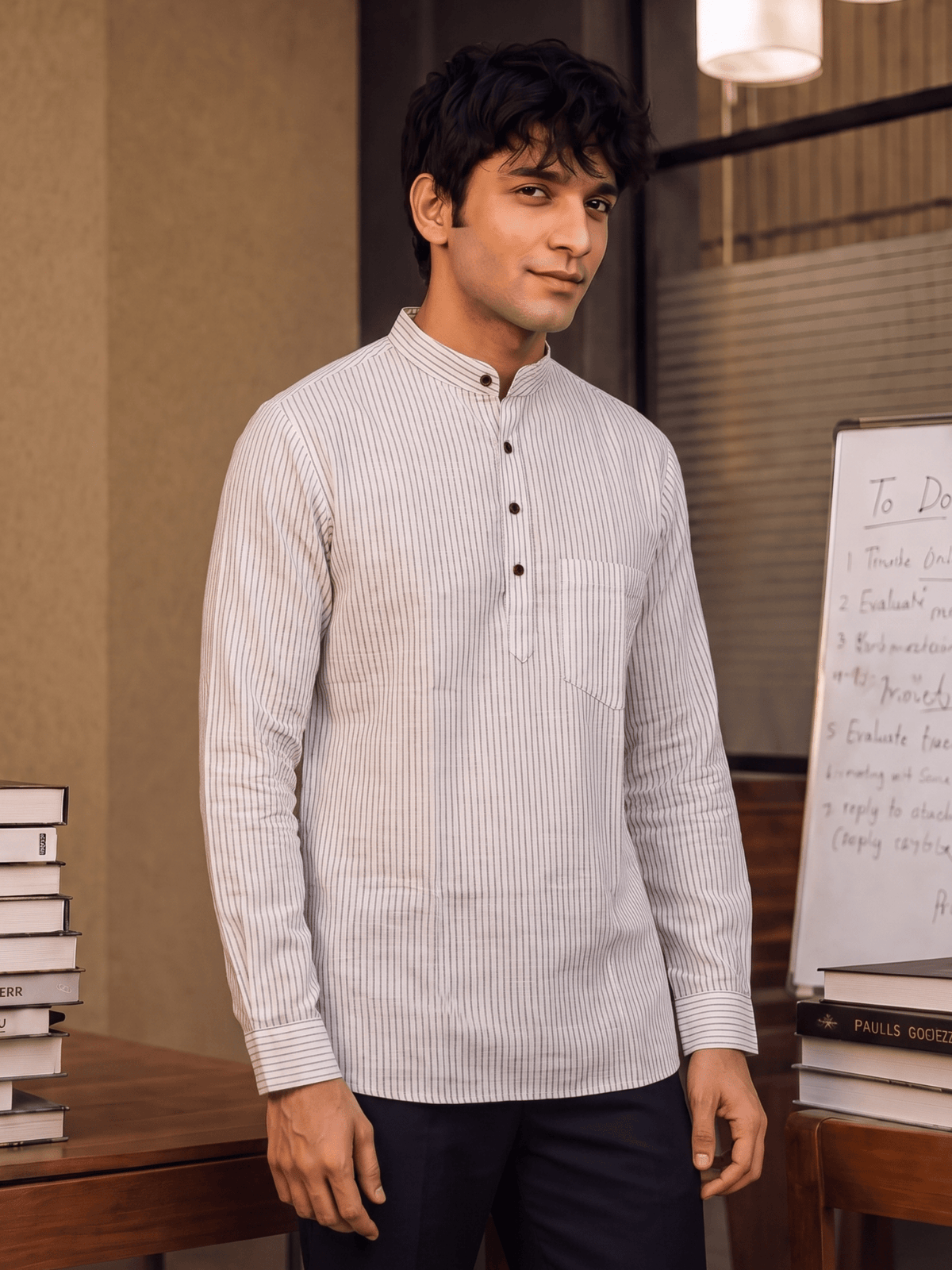 Heritage Stripes – Men's Cotton Short Kurta - Jaipuri Crown