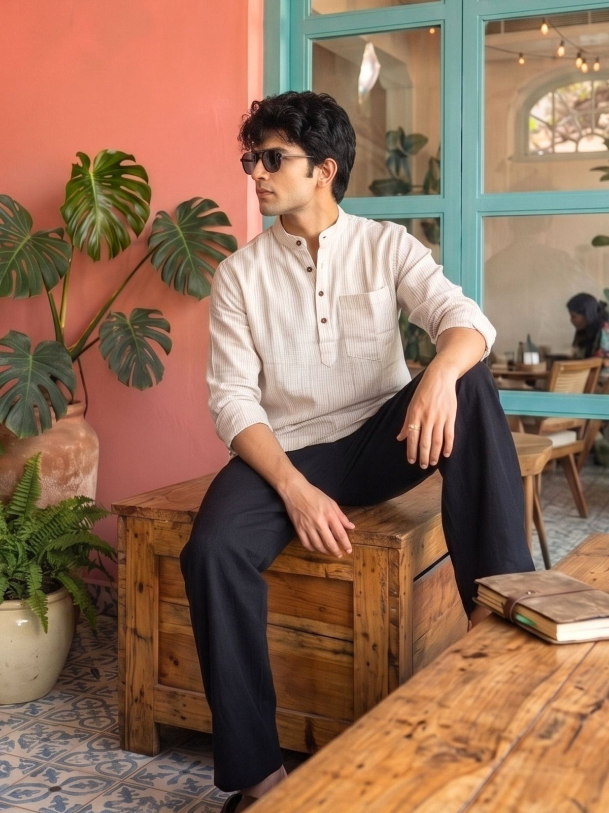 Ivory Beige Stripe Short Kurta - Jaipuri Crown