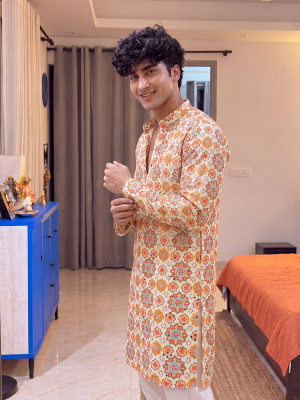 Ivory Floral Jaal – Printed Long Kurta - Jaipuri Crown