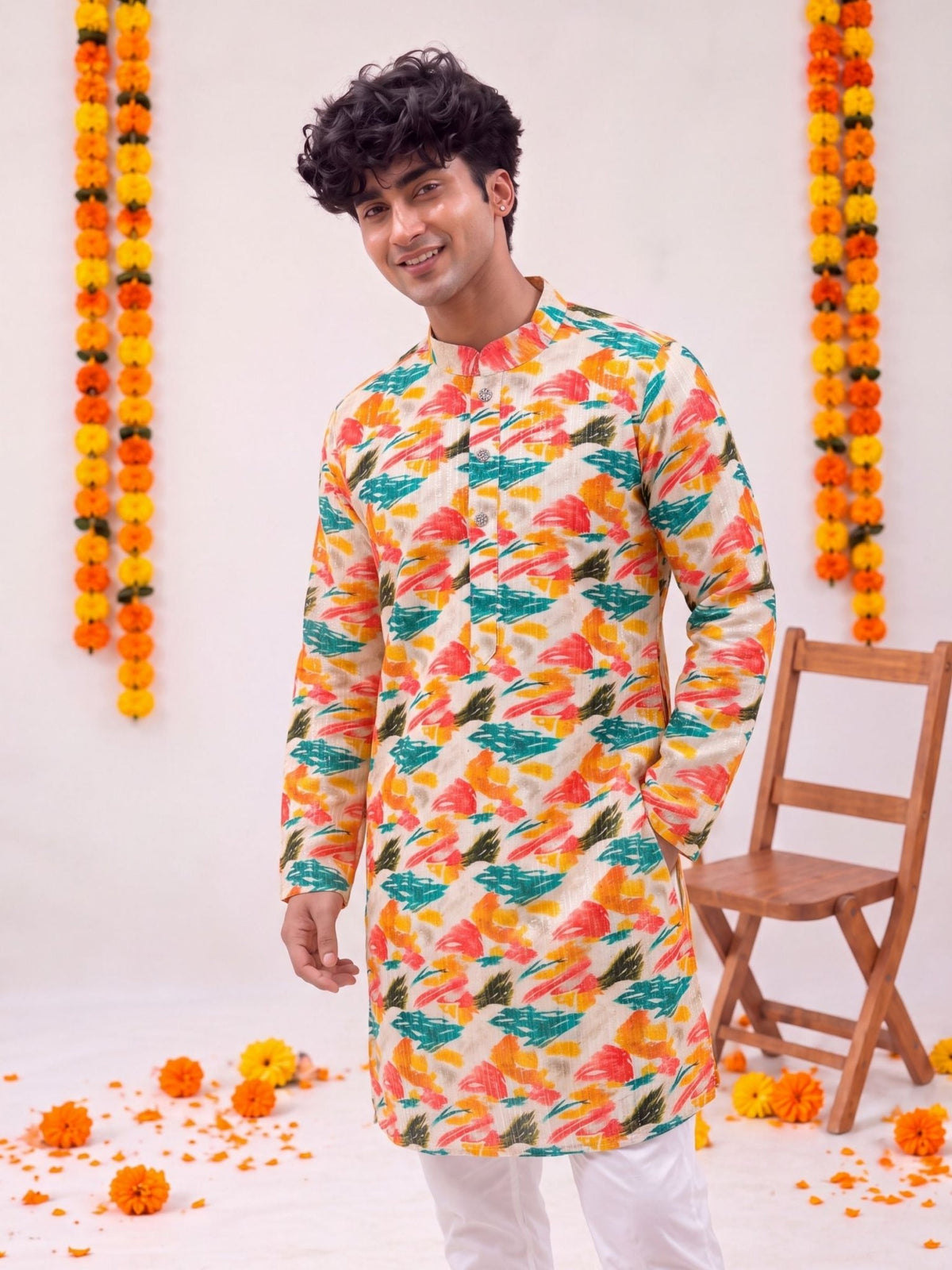 Ivory Floral Jaal – Textured Printed Long Kurta - Jaipuri Crown
