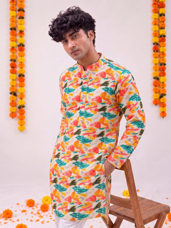 Ivory Floral Jaal – Textured Printed Long Kurta - Jaipuri Crown