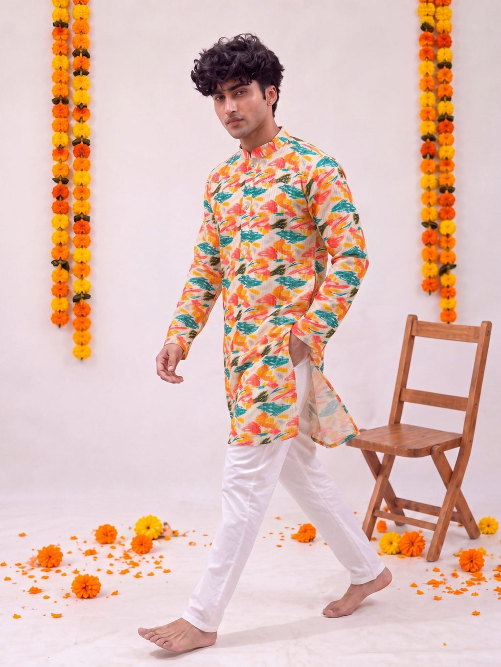 Ivory Floral Jaal – Textured Printed Long Kurta - Jaipuri Crown