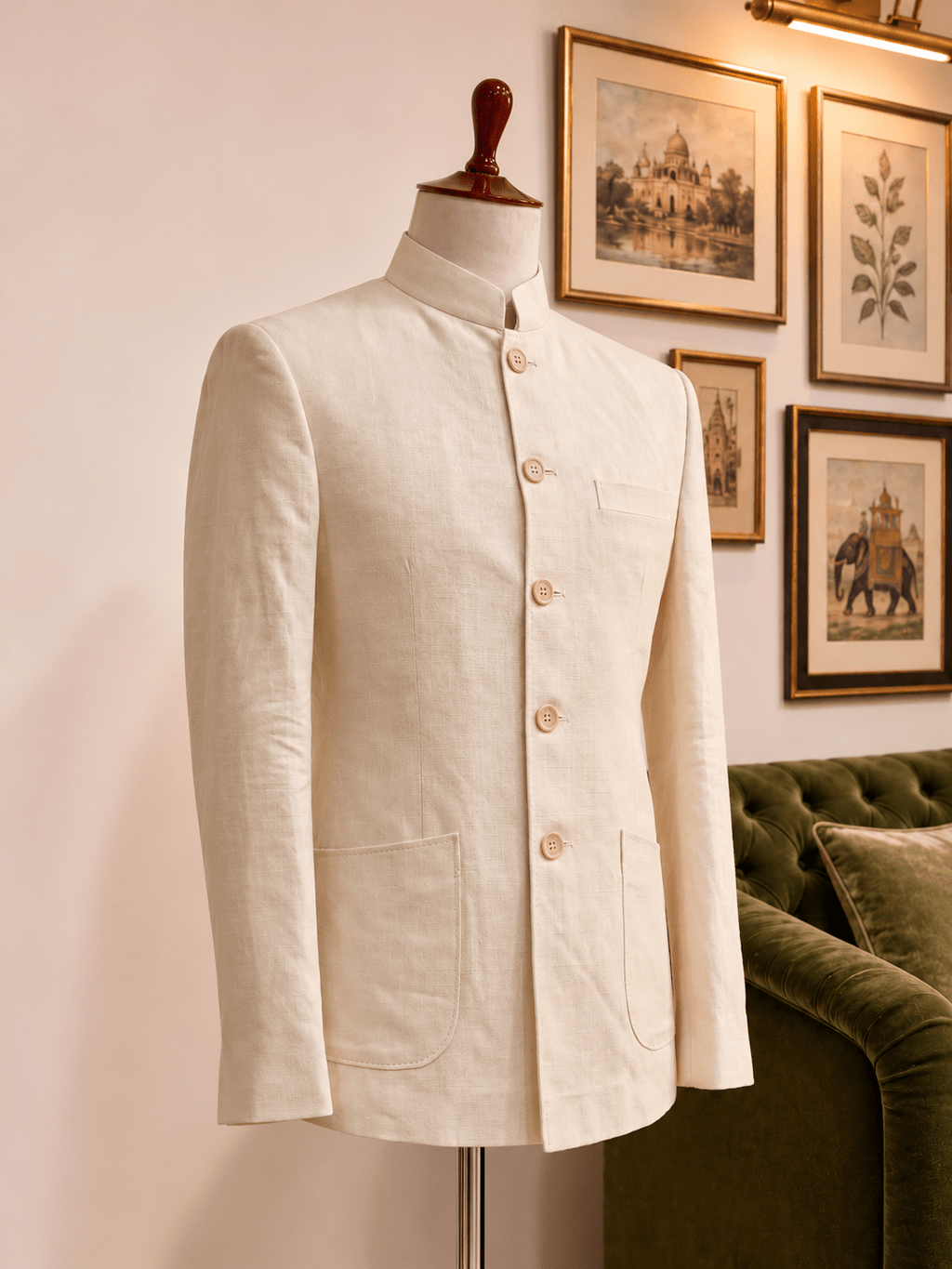 Ivory Linen Jodhpuri Bandhgala for Men - Jaipuri Crown