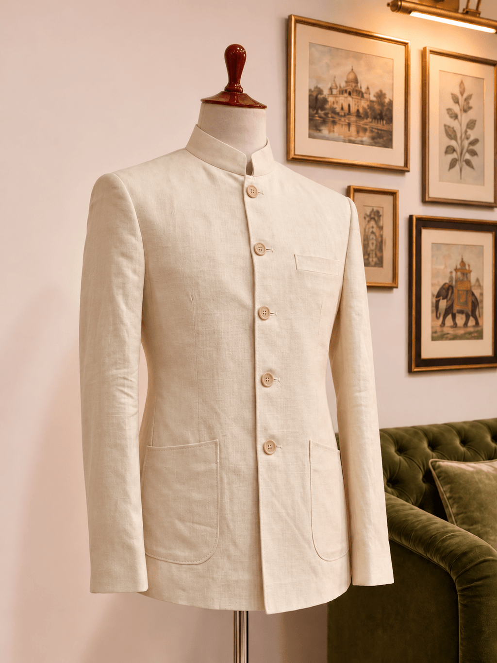 Ivory Linen Jodhpuri Bandhgala for Men - Jaipuri Crown