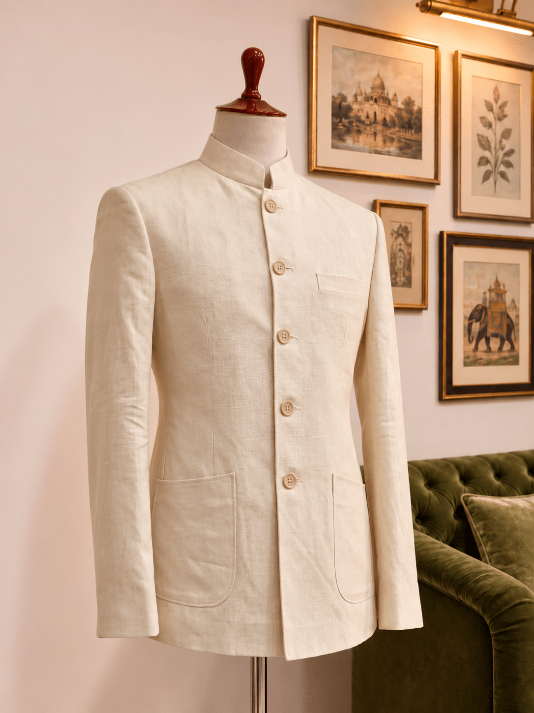 Ivory Linen Jodhpuri Bandhgala for Men - Jaipuri Crown