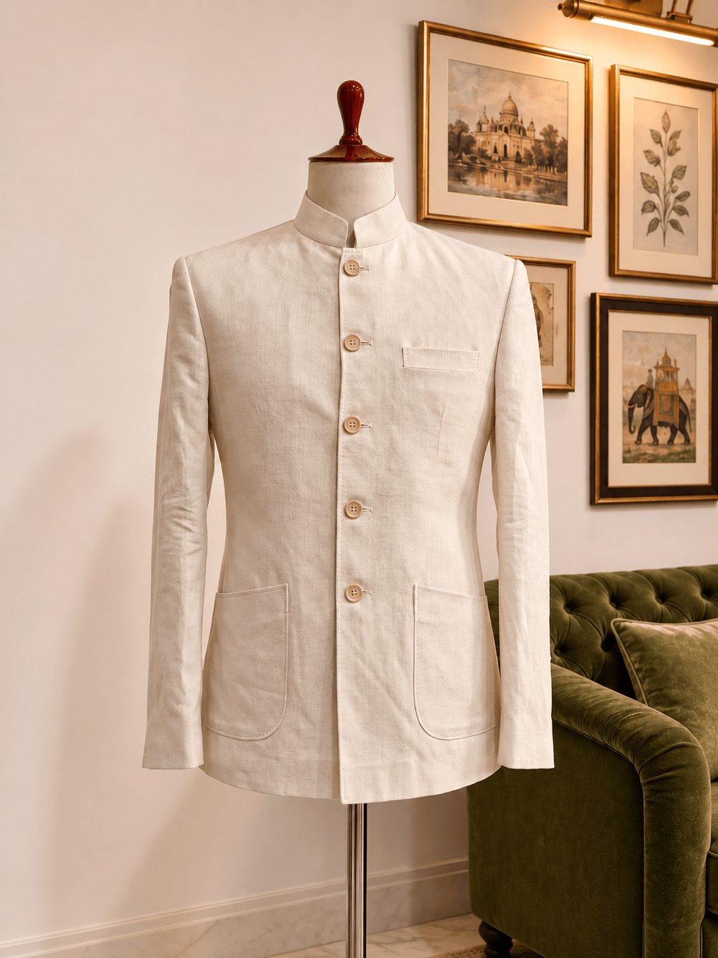 Ivory Linen Jodhpuri Bandhgala for Men - Jaipuri Crown