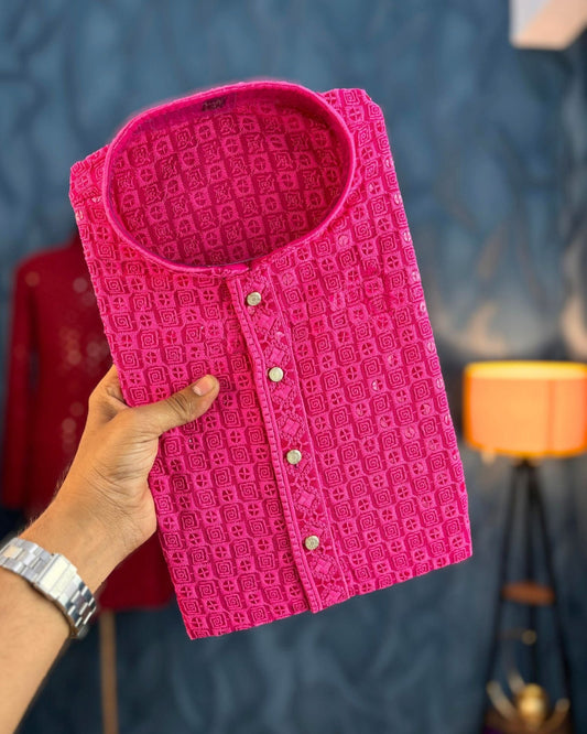 Jaipuri Pink Chikankari Sequinned Kurta Set - Jaipuri Crown