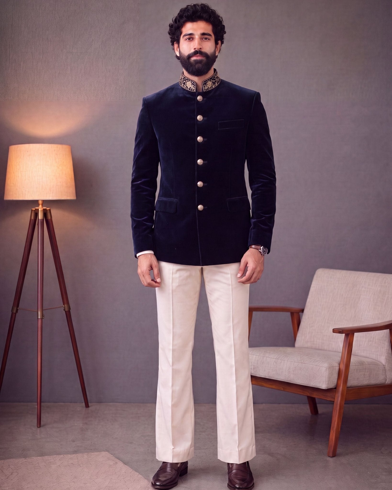 Jardosi Jodhpuri Bandhgala - Velvet Blue - Jaipuri Crown