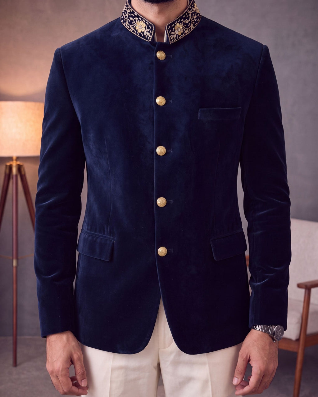 Jardosi Jodhpuri Bandhgala - Velvet Blue - Jaipuri Crown