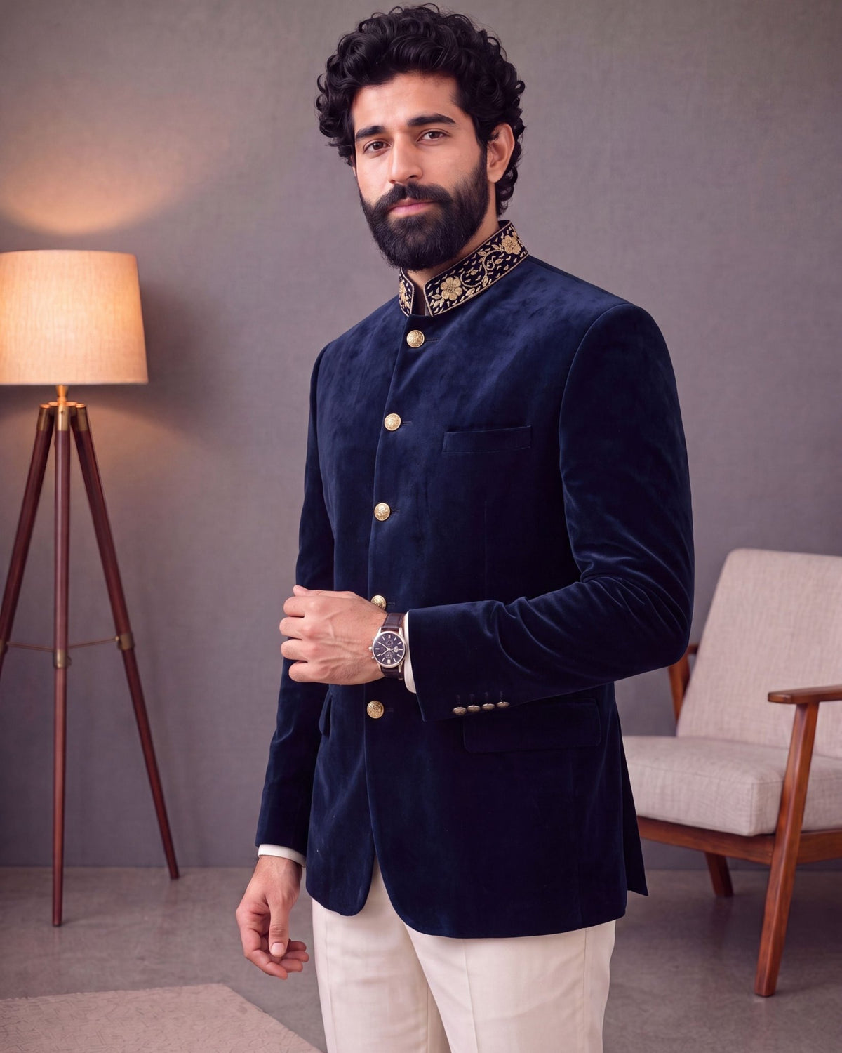 Jardosi Jodhpuri Bandhgala - Velvet Blue - Jaipuri Crown