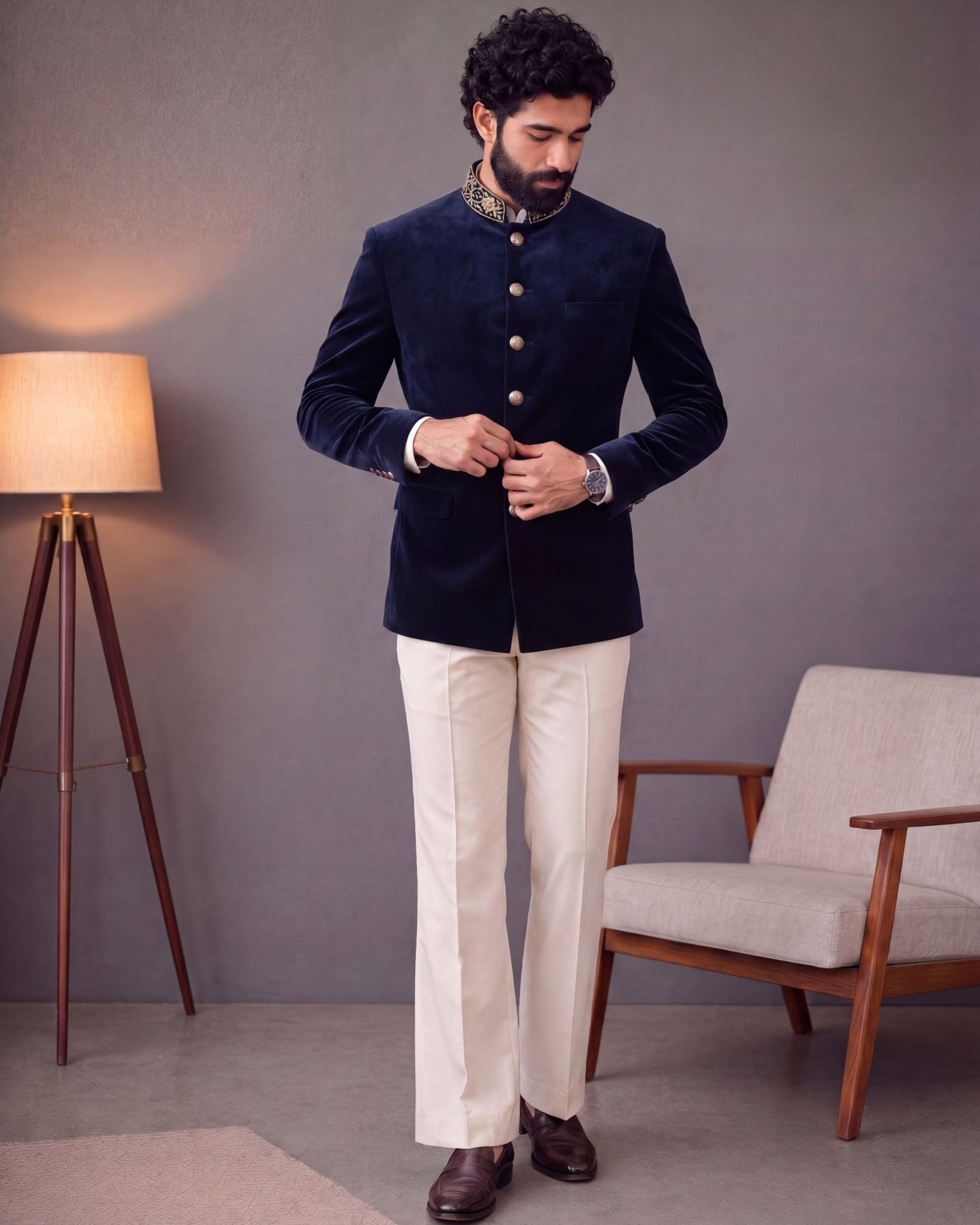 Jardosi Jodhpuri Bandhgala - Velvet Blue - Jaipuri Crown