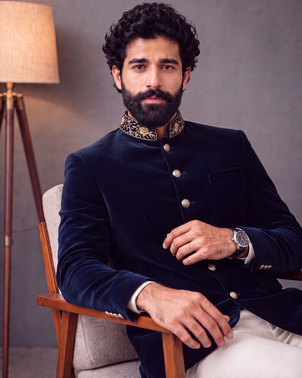 Jardosi Jodhpuri Bandhgala - Velvet Blue - Jaipuri Crown