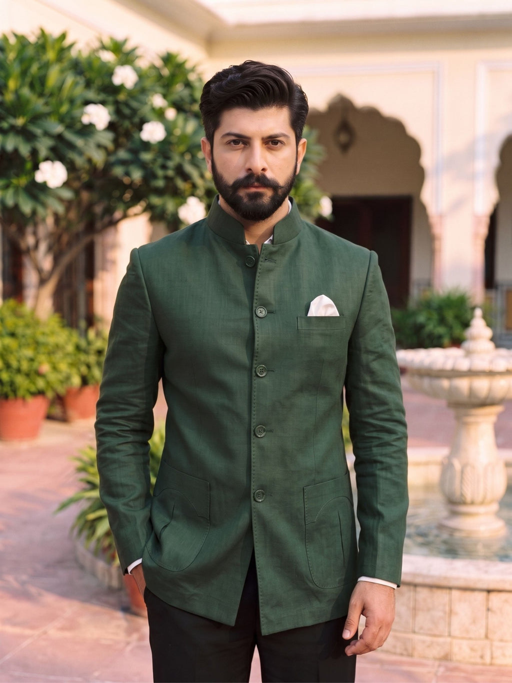 Jodhpuri Bandhgala Cotton Linen - Forest Green - Jaipuri Crown