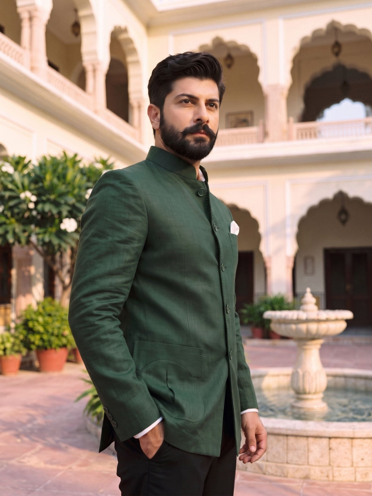 Jodhpuri Bandhgala Cotton Linen - Forest Green - Jaipuri Crown