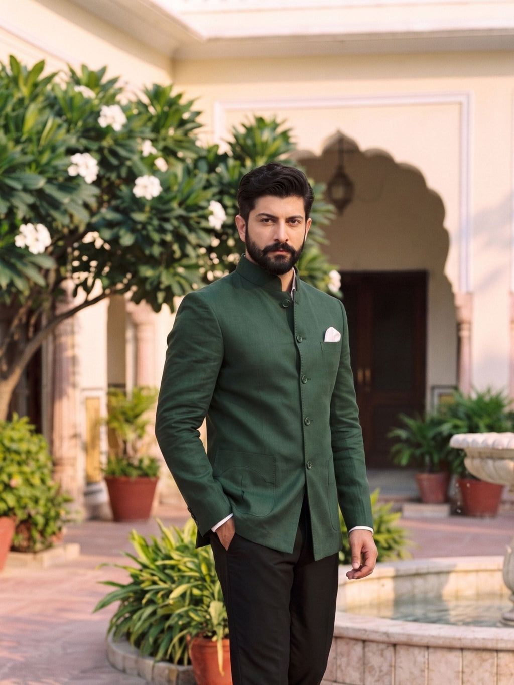 Jodhpuri Bandhgala Cotton Linen - Forest Green - Jaipuri Crown