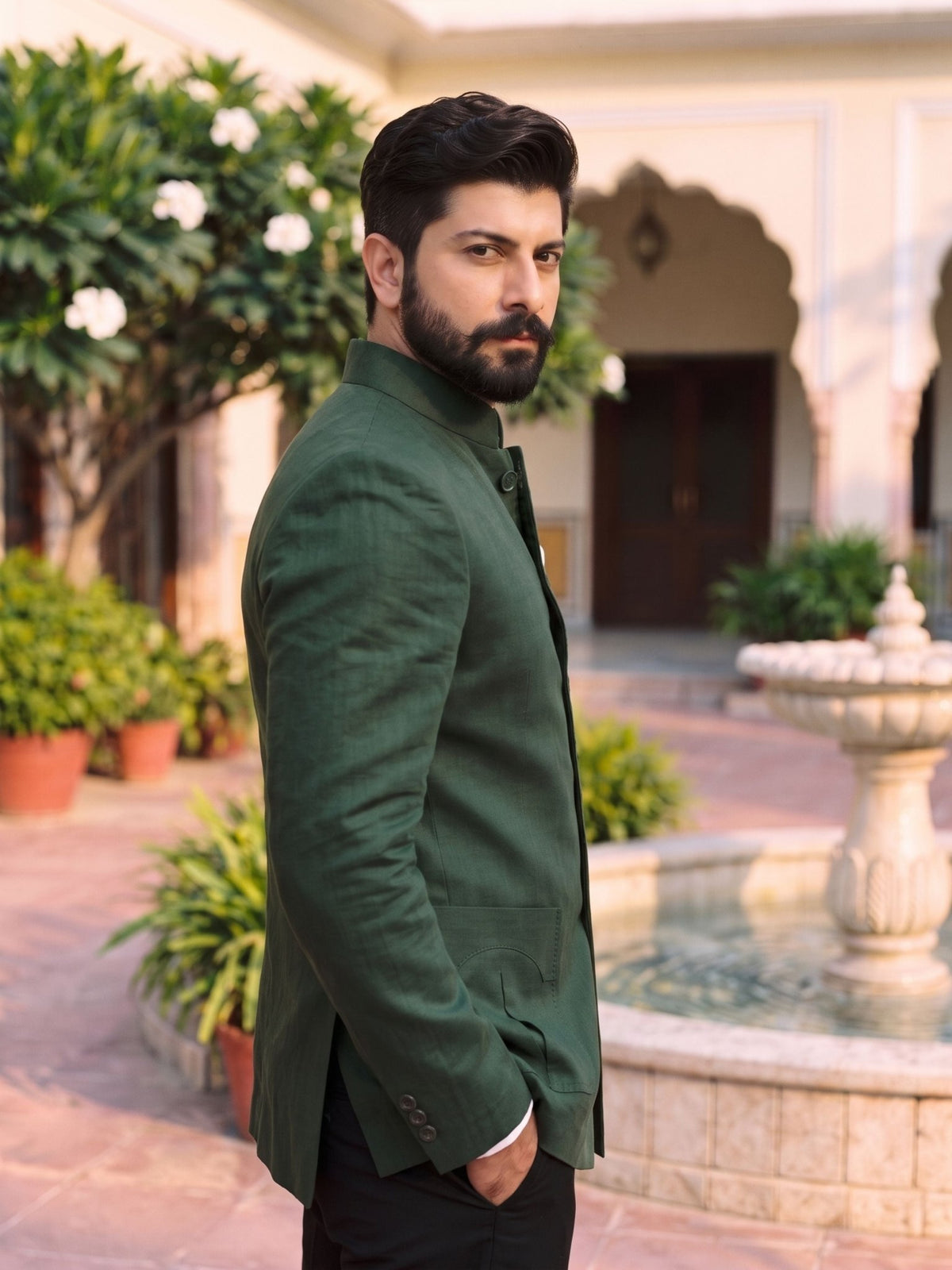 Jodhpuri Bandhgala Cotton Linen - Forest Green - Jaipuri Crown