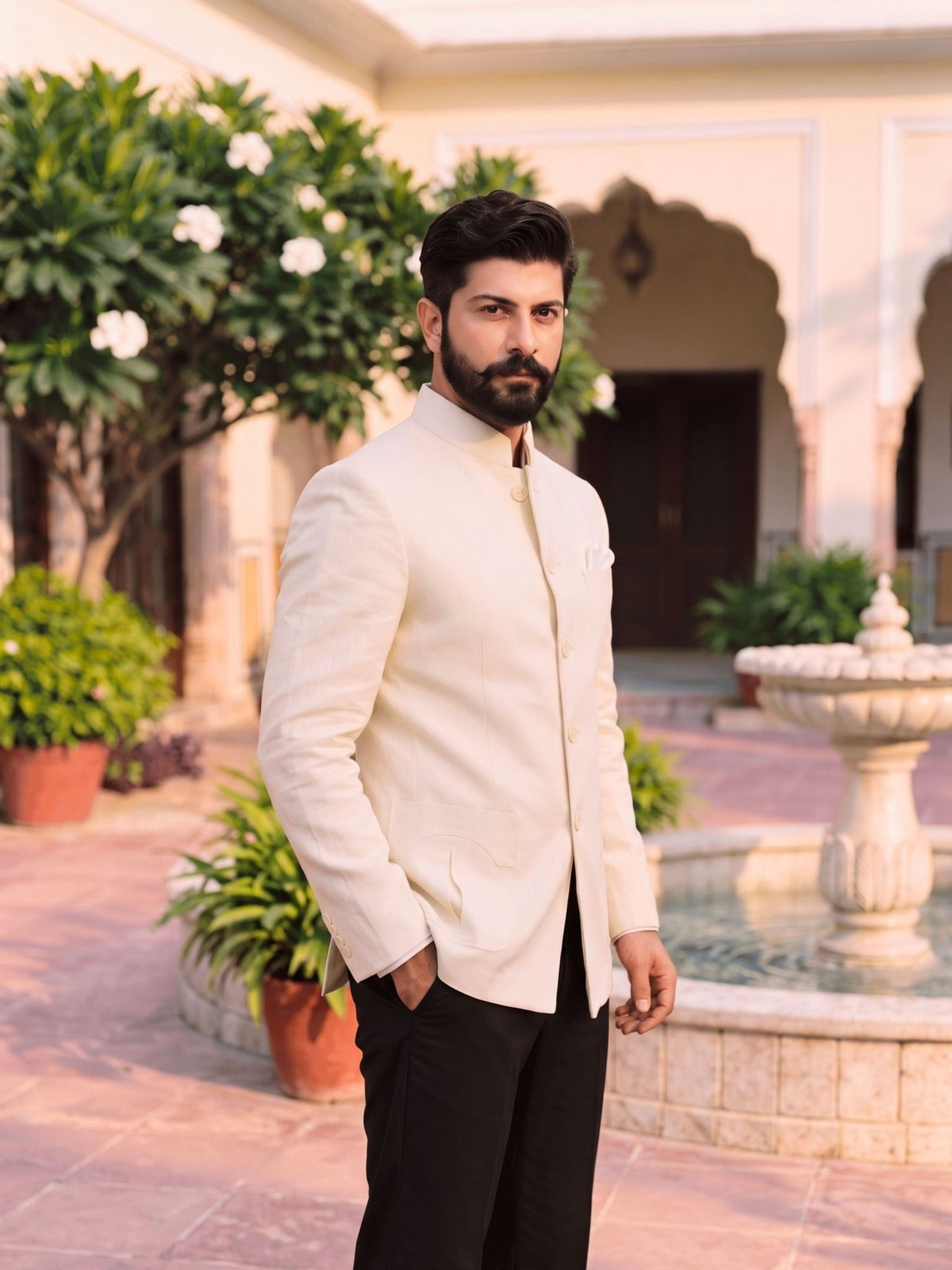 Jodhpuri Bandhgala Cotton Linen - Ivory - Jaipuri Crown