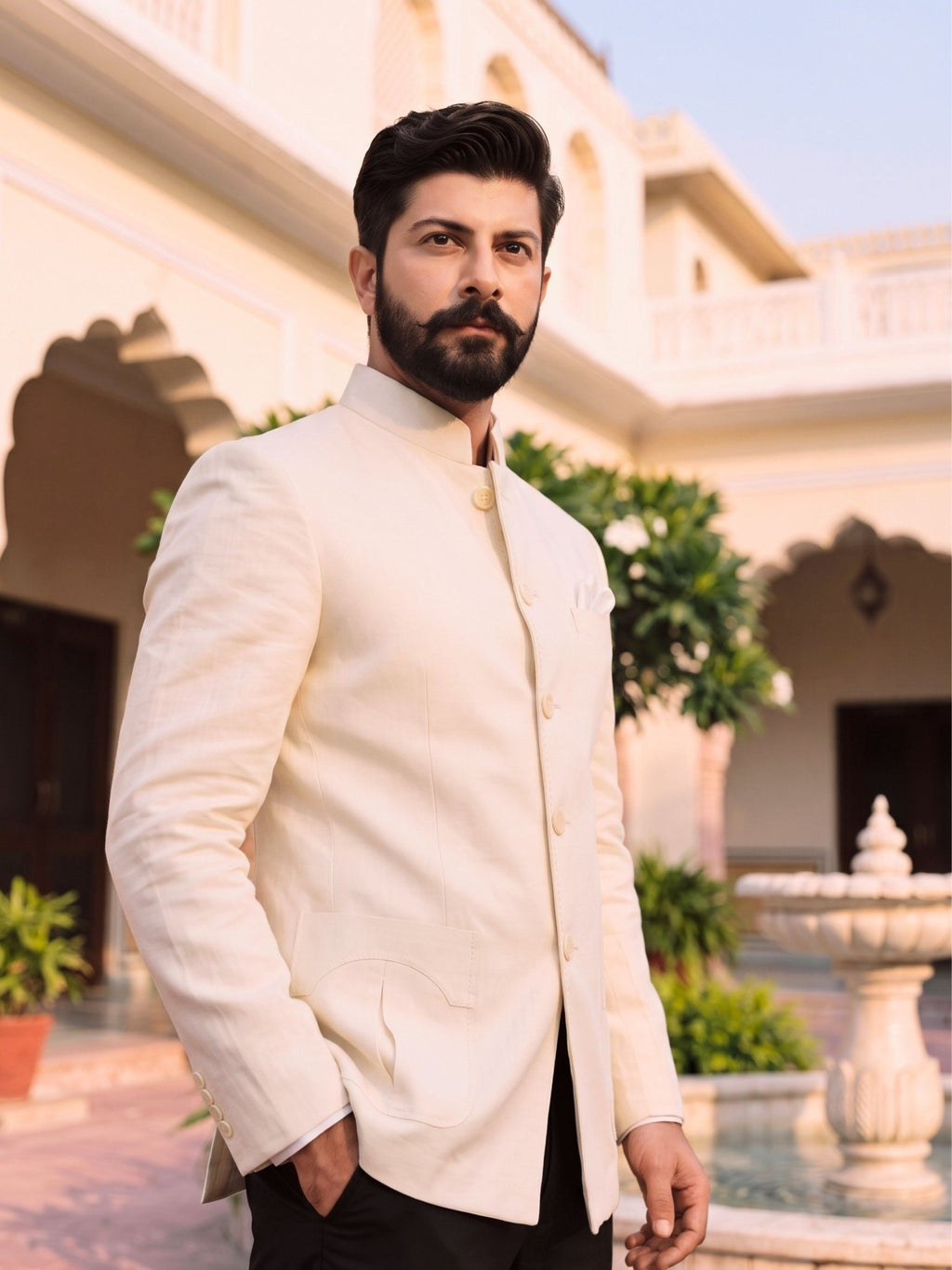 Jodhpuri Bandhgala Cotton Linen - Ivory - Jaipuri Crown