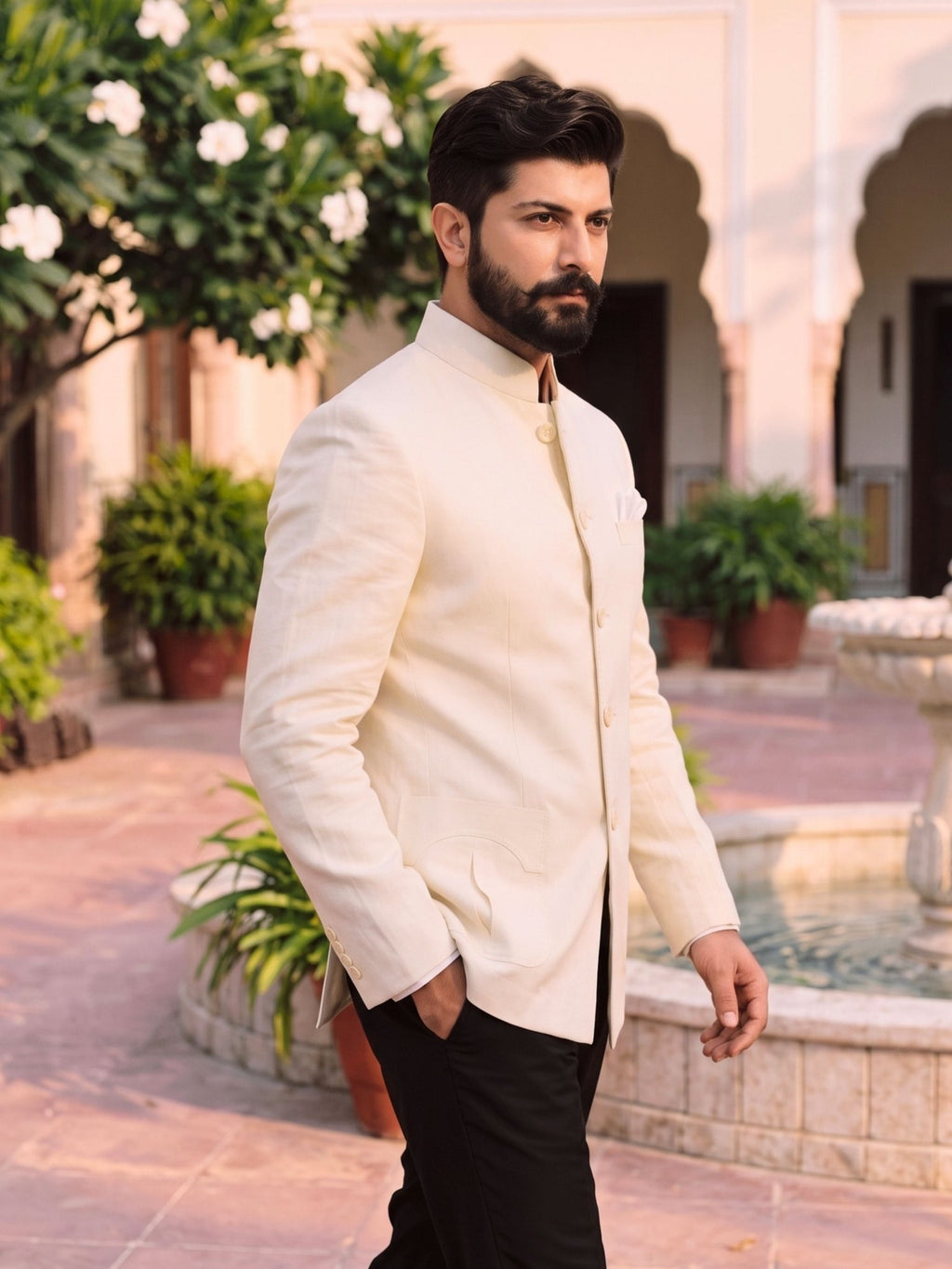 Jodhpuri Bandhgala Cotton Linen - Ivory - Jaipuri Crown