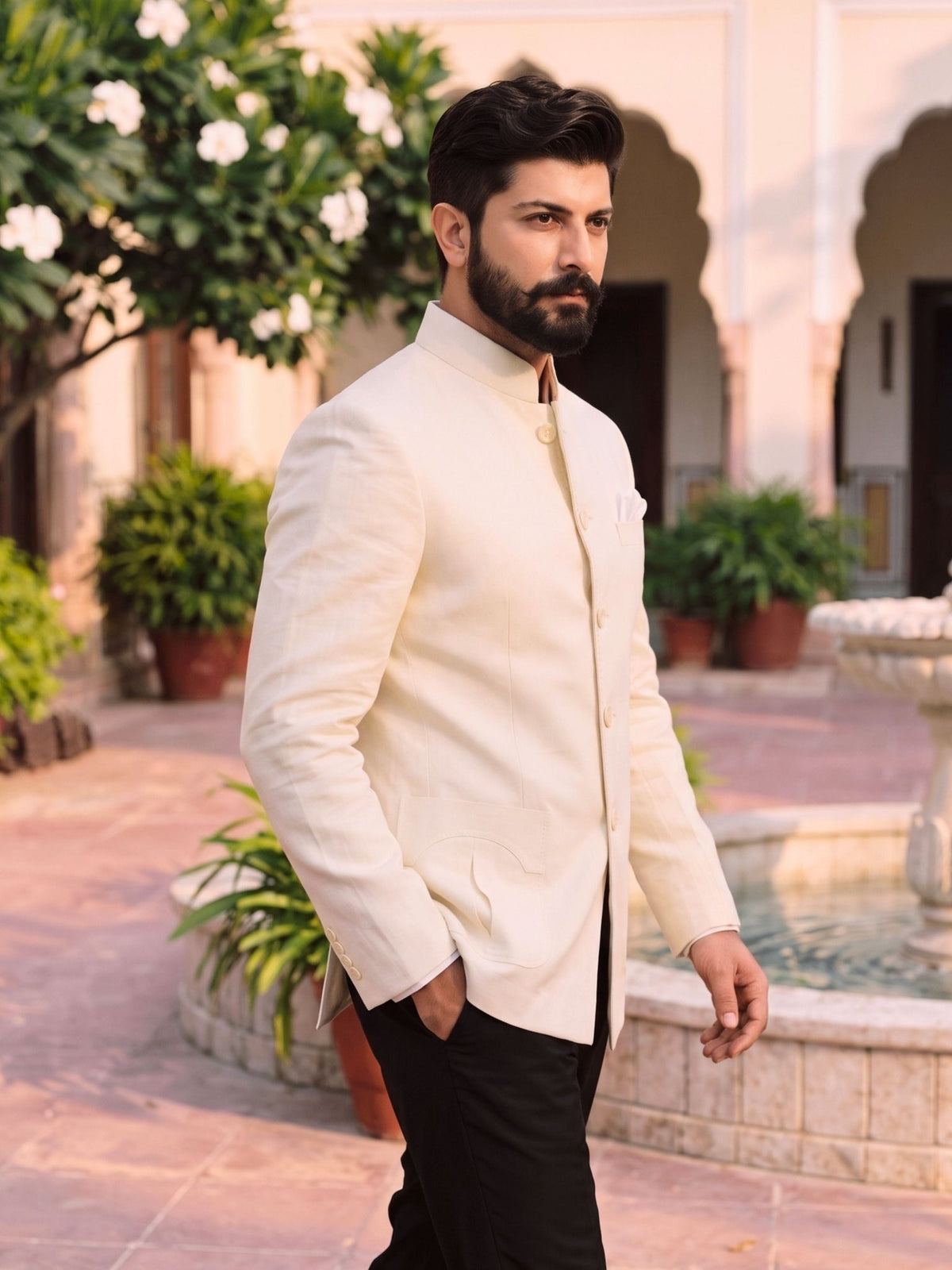 Jodhpuri Bandhgala Cotton Linen - Ivory - Jaipuri Crown