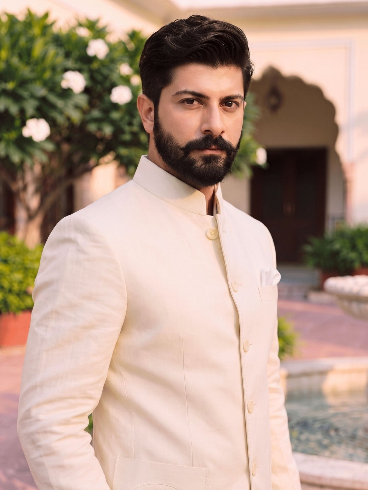 Jodhpuri Bandhgala Cotton Linen - Ivory - Jaipuri Crown