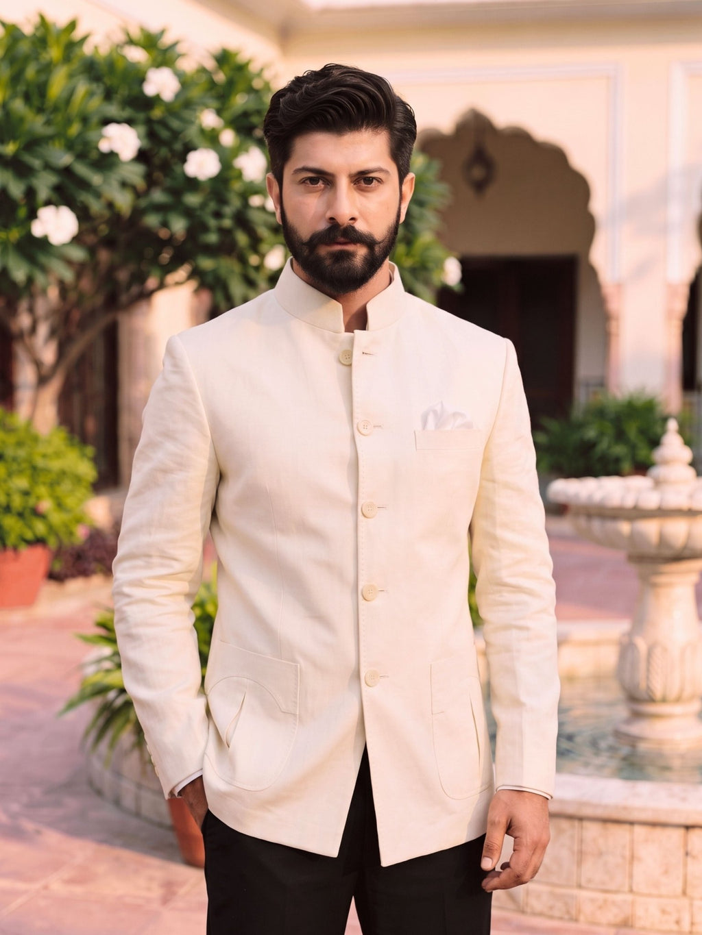 Jodhpuri Bandhgala Cotton Linen - Ivory - Jaipuri Crown