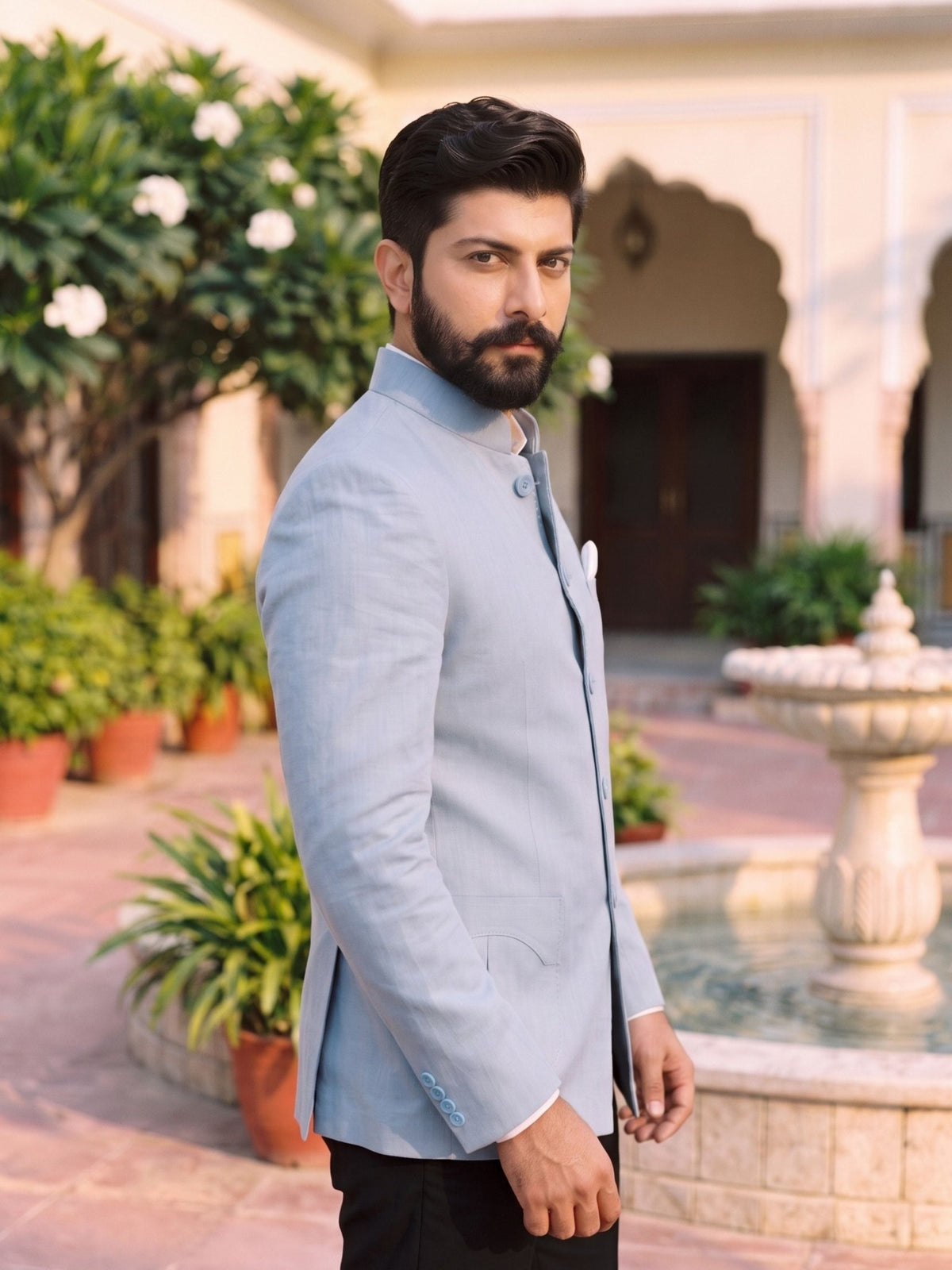 Jodhpuri Bandhgala Cotton Linen - Light Blue - Jaipuri Crown