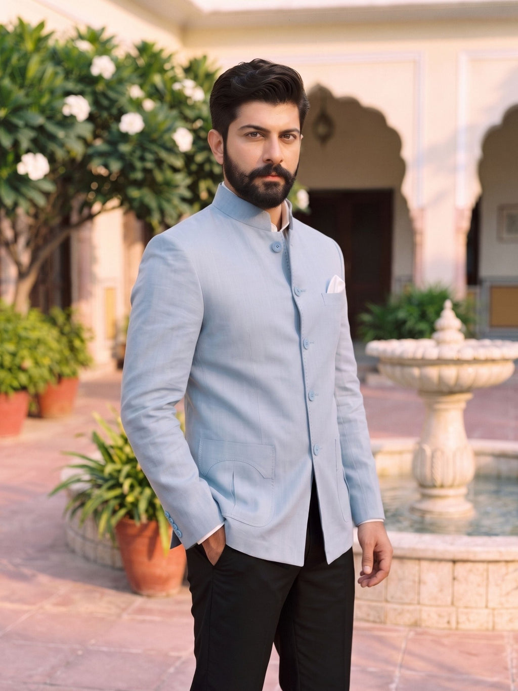 Jodhpuri Bandhgala Cotton Linen - Light Blue - Jaipuri Crown
