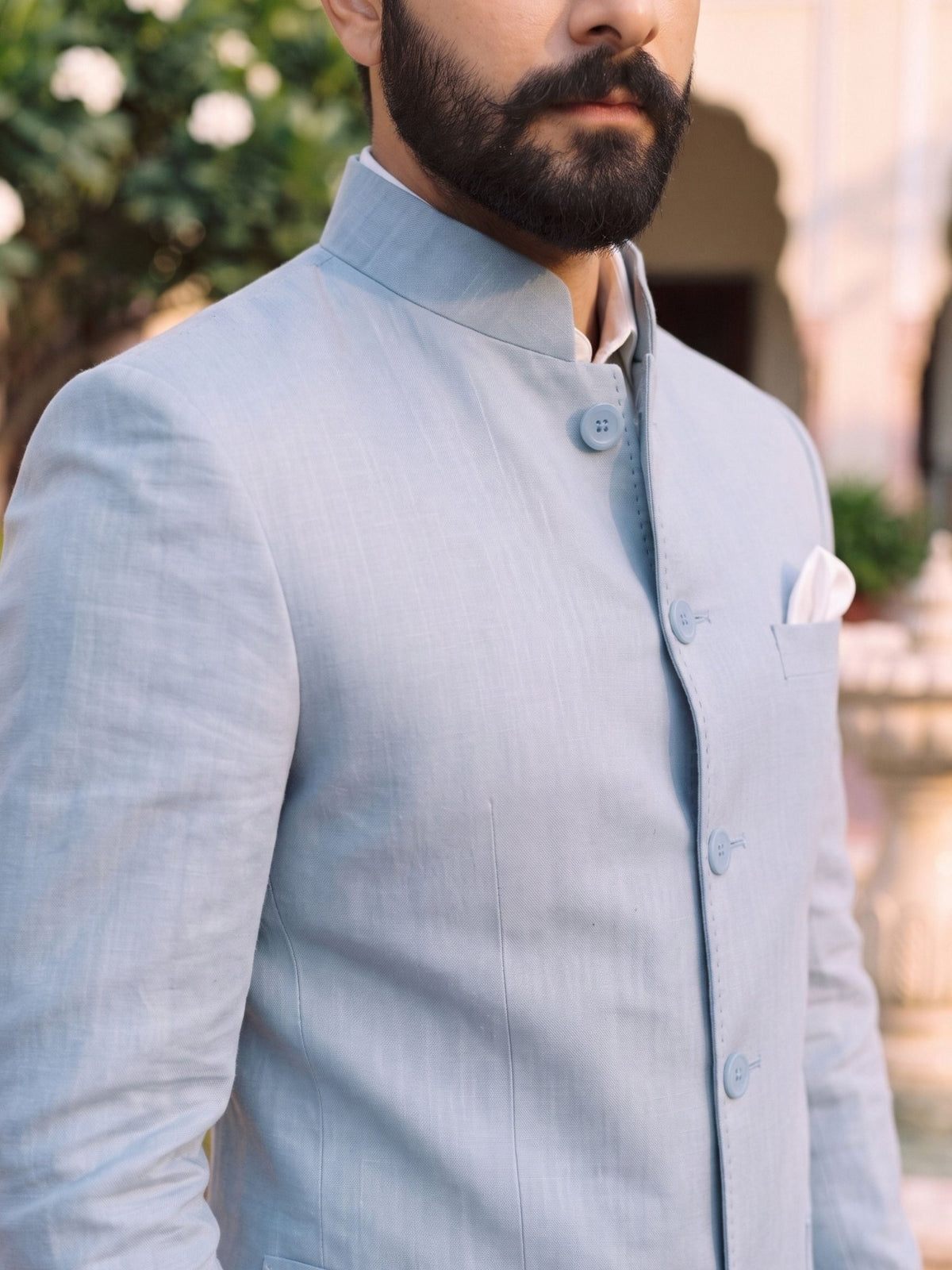 Jodhpuri Bandhgala Cotton Linen - Light Blue - Jaipuri Crown