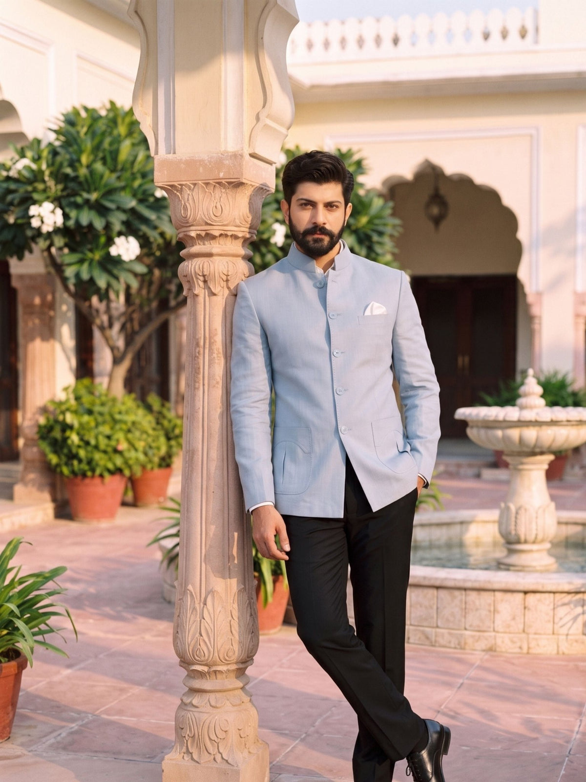 Jodhpuri Bandhgala Cotton Linen - Light Blue - Jaipuri Crown