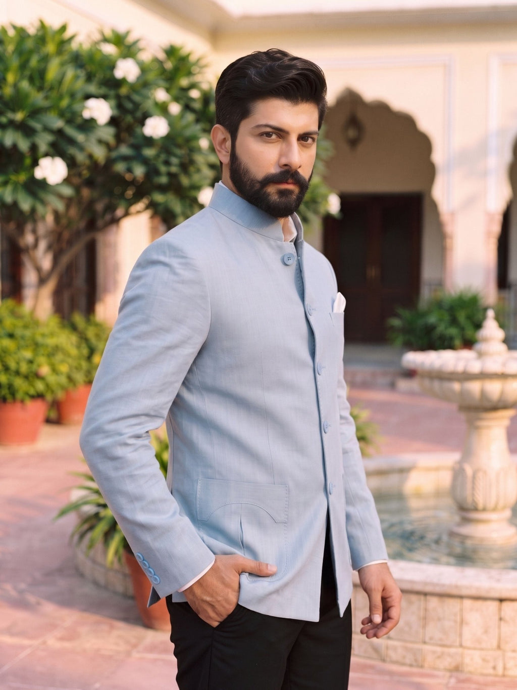 Jodhpuri Bandhgala Cotton Linen - Light Blue - Jaipuri Crown
