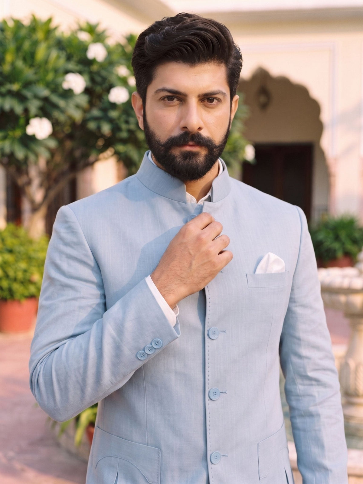 Jodhpuri Bandhgala Cotton Linen - Light Blue - Jaipuri Crown
