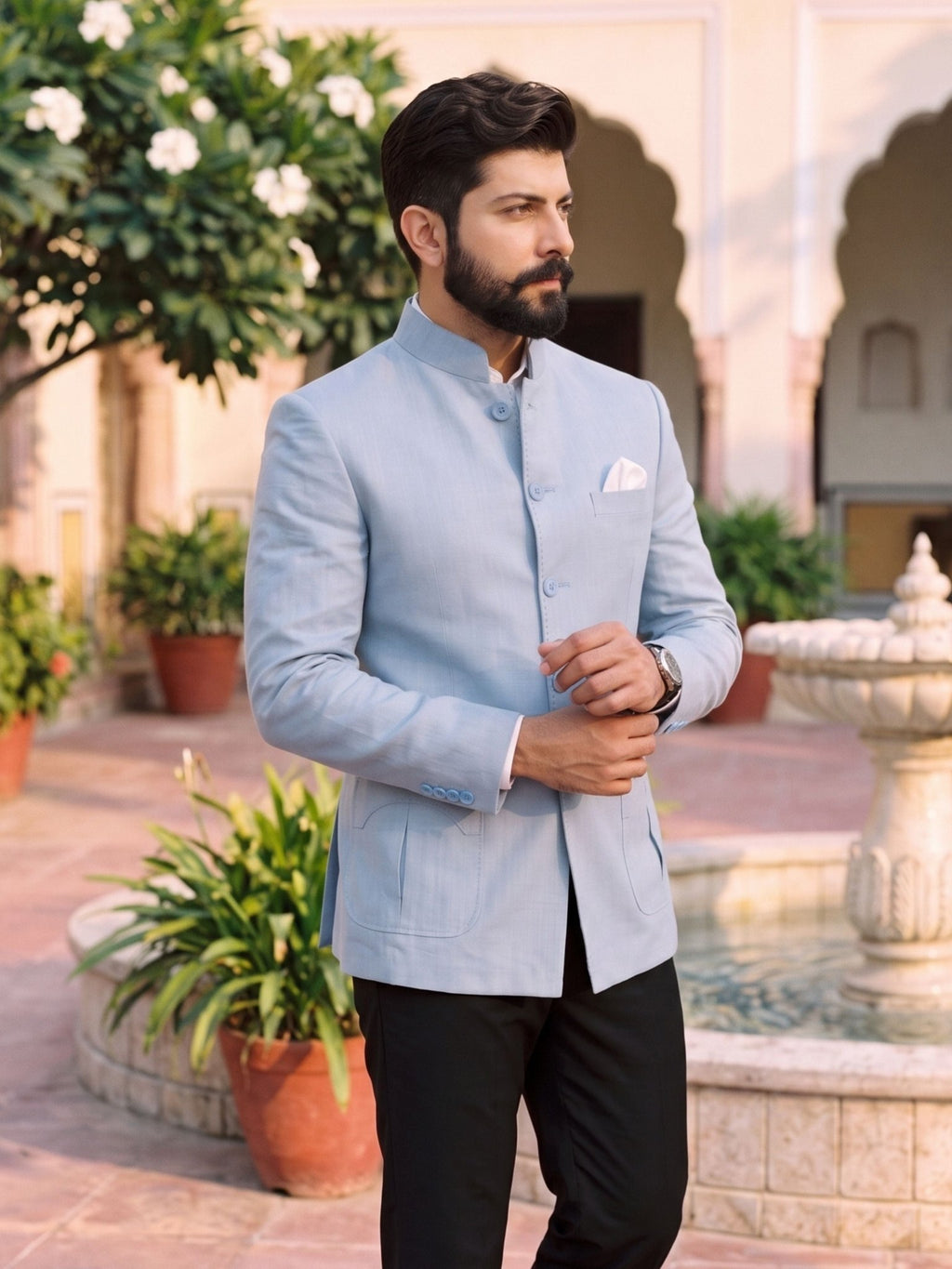 Jodhpuri Bandhgala Cotton Linen - Light Blue - Jaipuri Crown