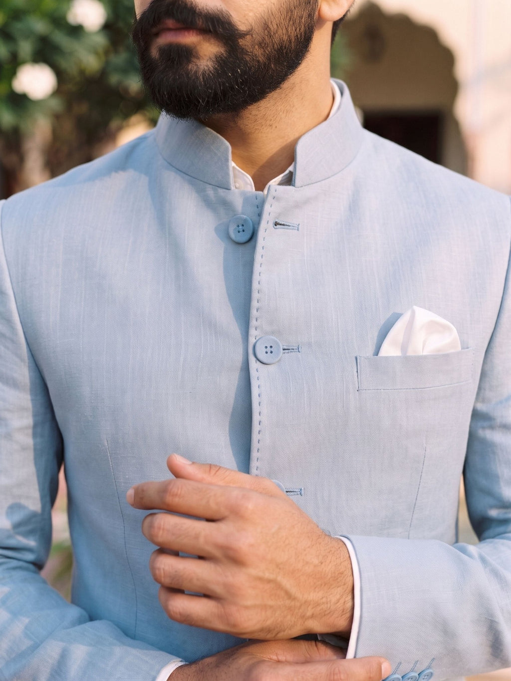 Jodhpuri Bandhgala Cotton Linen - Light Blue - Jaipuri Crown