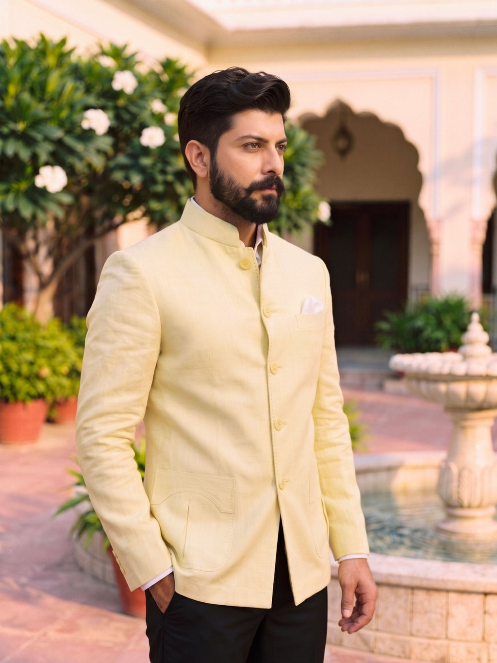 Jodhpuri Bandhgala Cotton Linen - Light Yellow - Jaipuri Crown